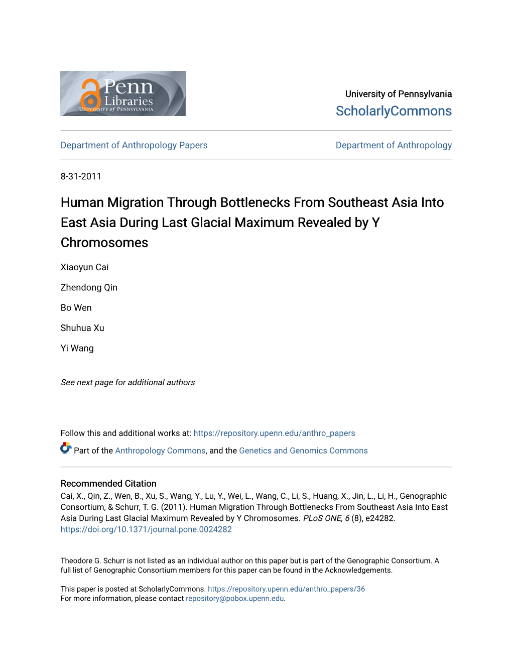 Human Migration Through Bottlenecks from Southeast Asia Into East Asia During Last Glacial Maximum Revealed by Y Chromosomes