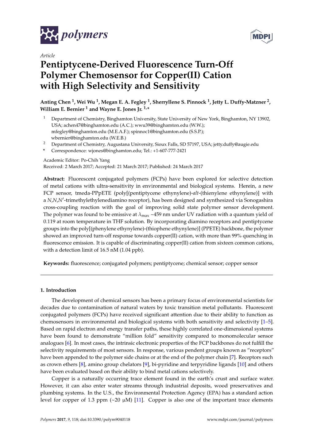 Pentiptycene-Derived Fluorescence Turn-Off Polymer Chemosensor for Copper(II) Cation with High Selectivity and Sensitivity