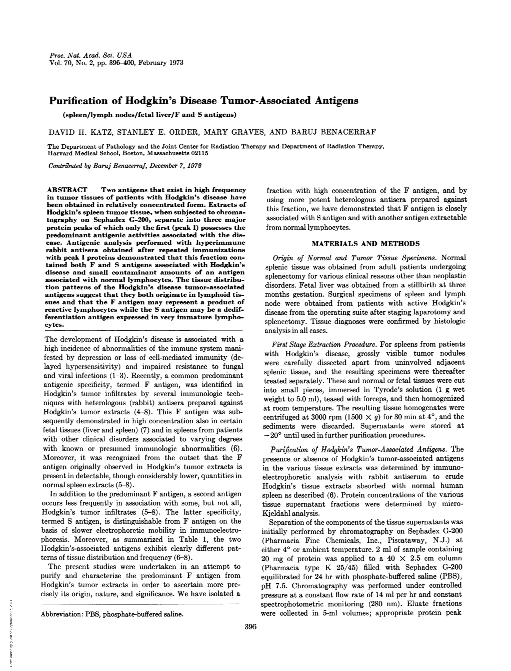 Purification of Hodgkin's Disease Tumor-Associated Antigens (Spleen/Lymph Nodes/Fetal Liver/F and S Antigens) DAVID H