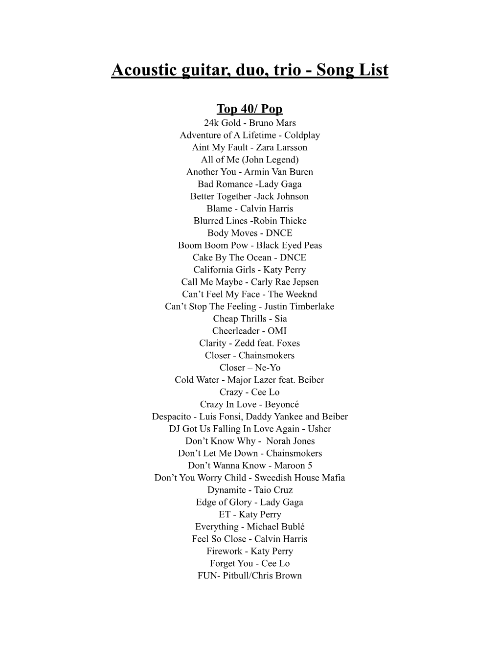 Acoustic Guitar, Duo, Trio - Song List