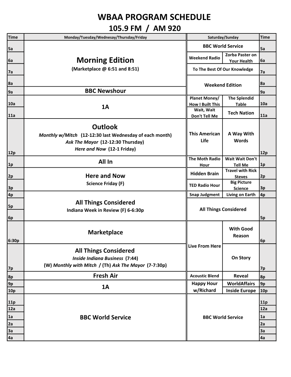 Printable Schedule