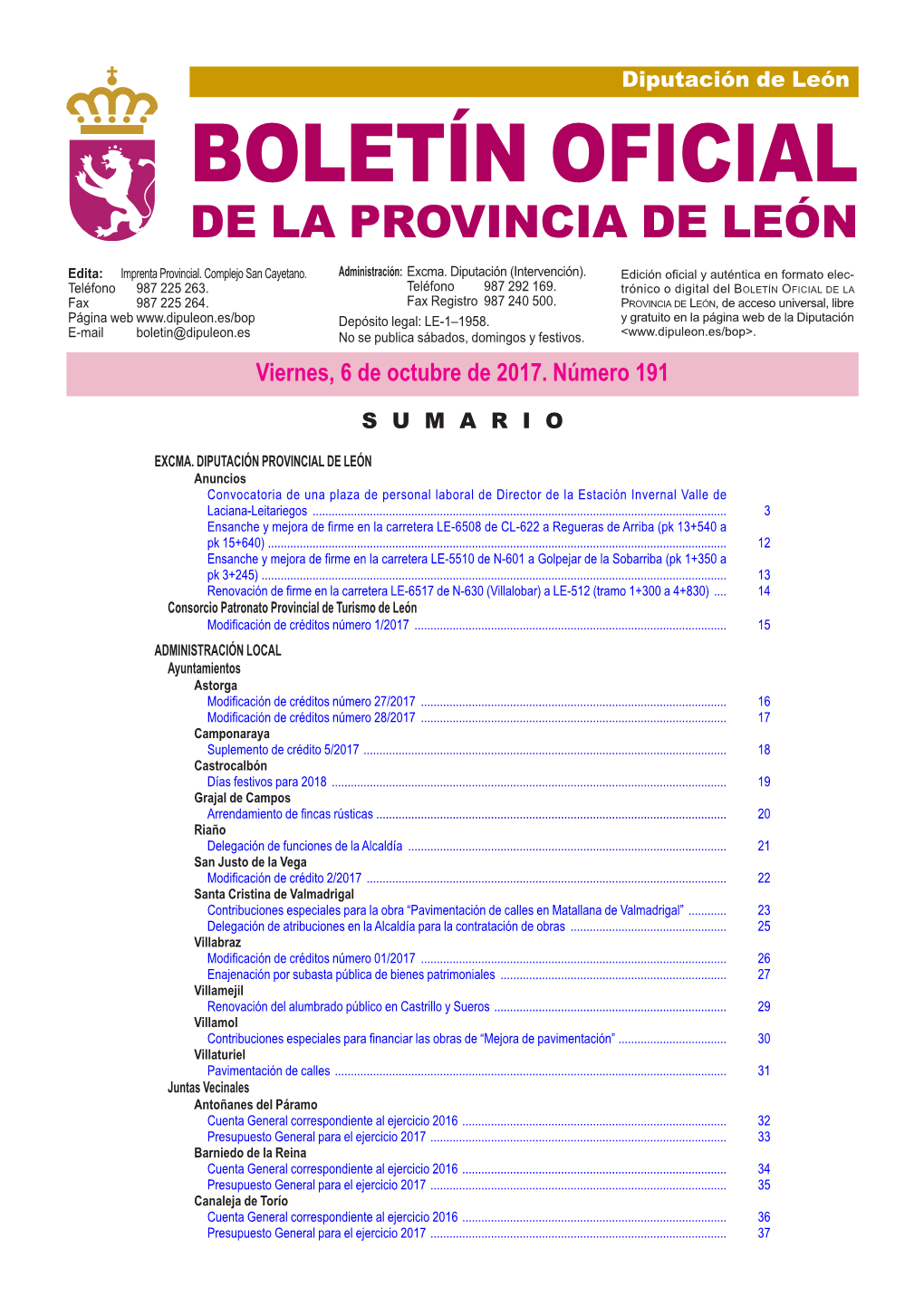 BOLETÍN OFICIAL DE LA PROVINCIA DE LEÓN Edita: Imprenta Provincial