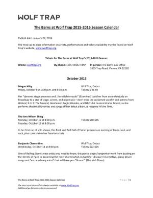 The Barns at Wolf Trap 2015-2016 Season Calendar