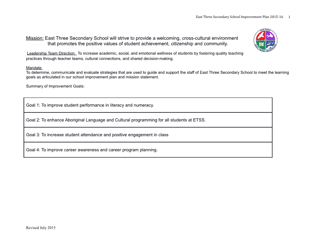 East Three Secondary School Improvement Plan 2015-16