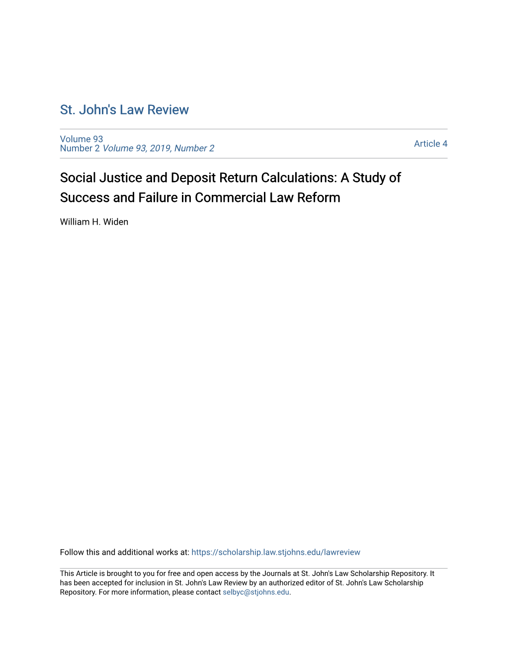 Social Justice and Deposit Return Calculations: a Study of Success and Failure in Commercial Law Reform