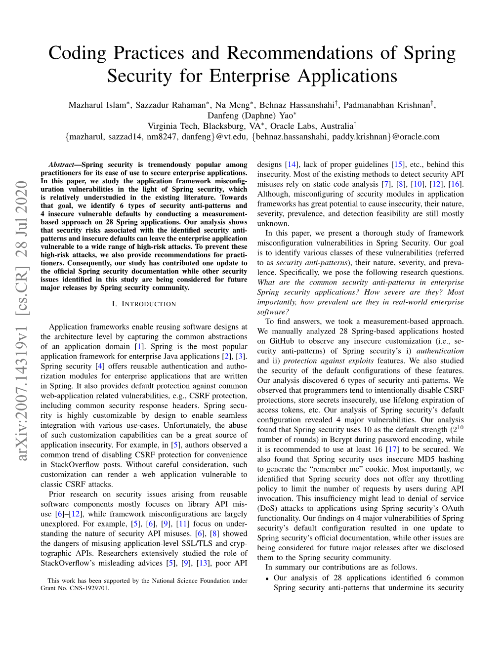 Coding Practices and Recommendations of Spring Security for Enterprise Applications