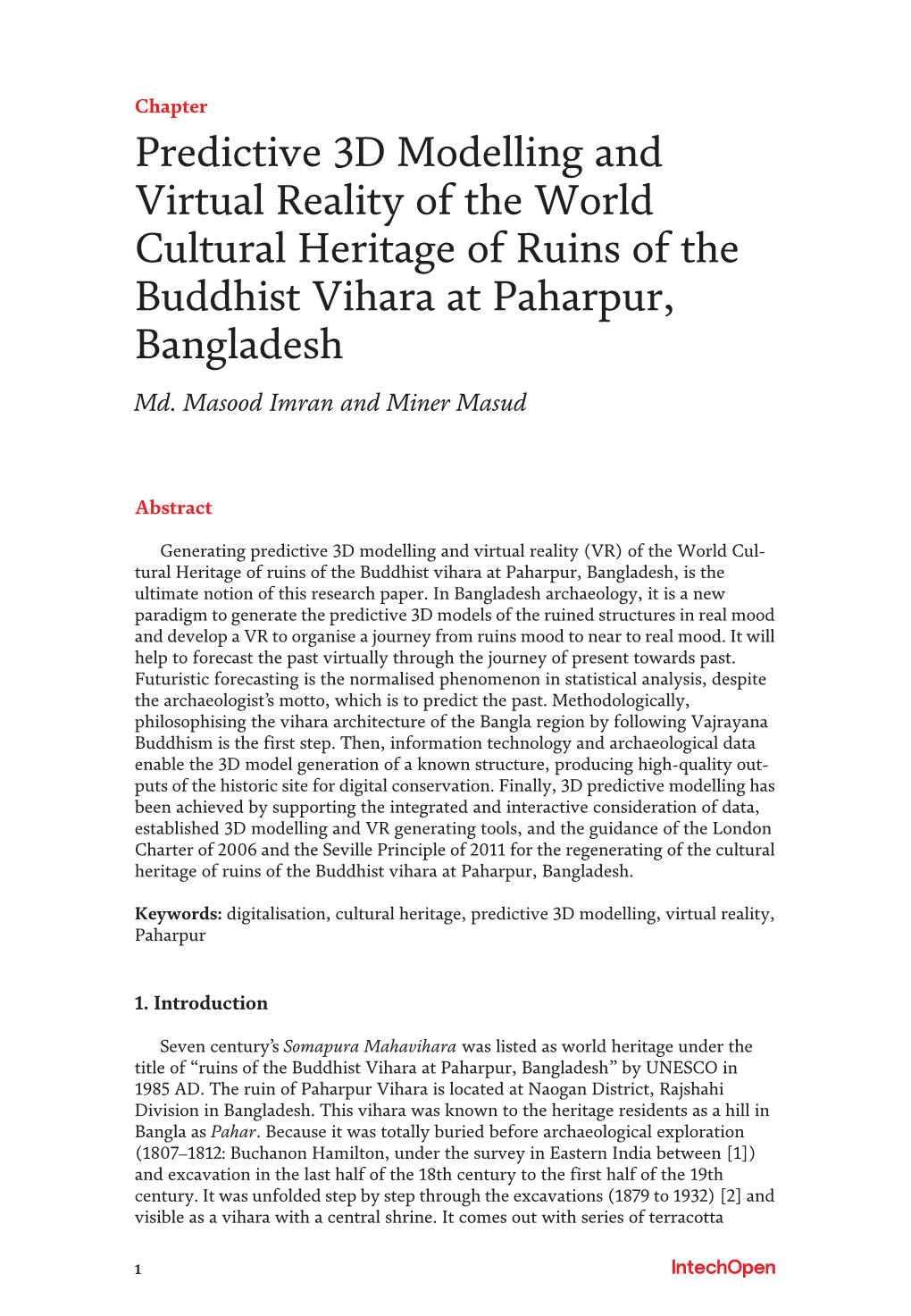 Predictive 3D Modelling and Virtual Reality of the World Cultural Heritage of Ruins of the Buddhist Vihara at Paharpur, Bangladesh Md