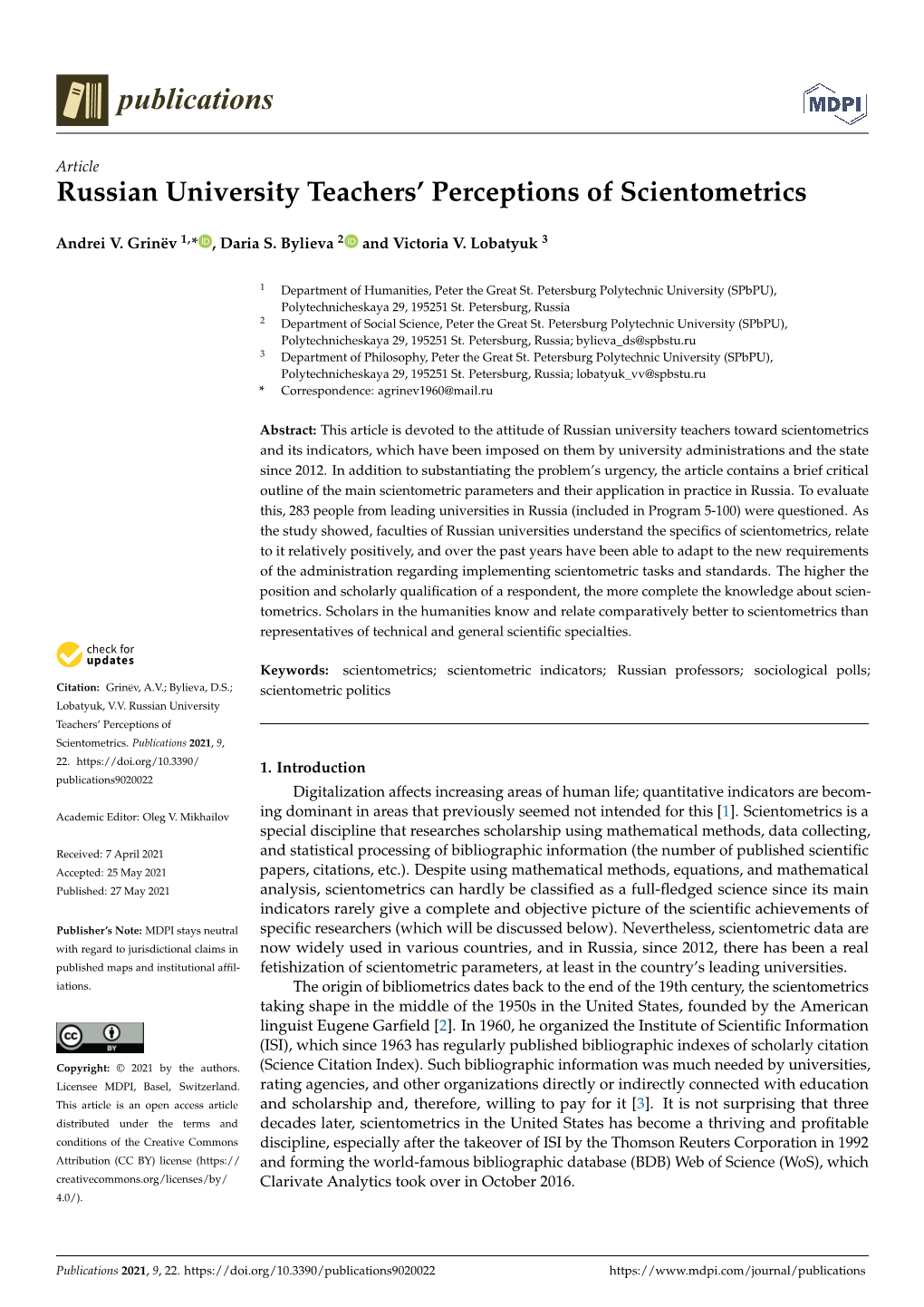 Russian University Teachers' Perceptions of Scientometrics