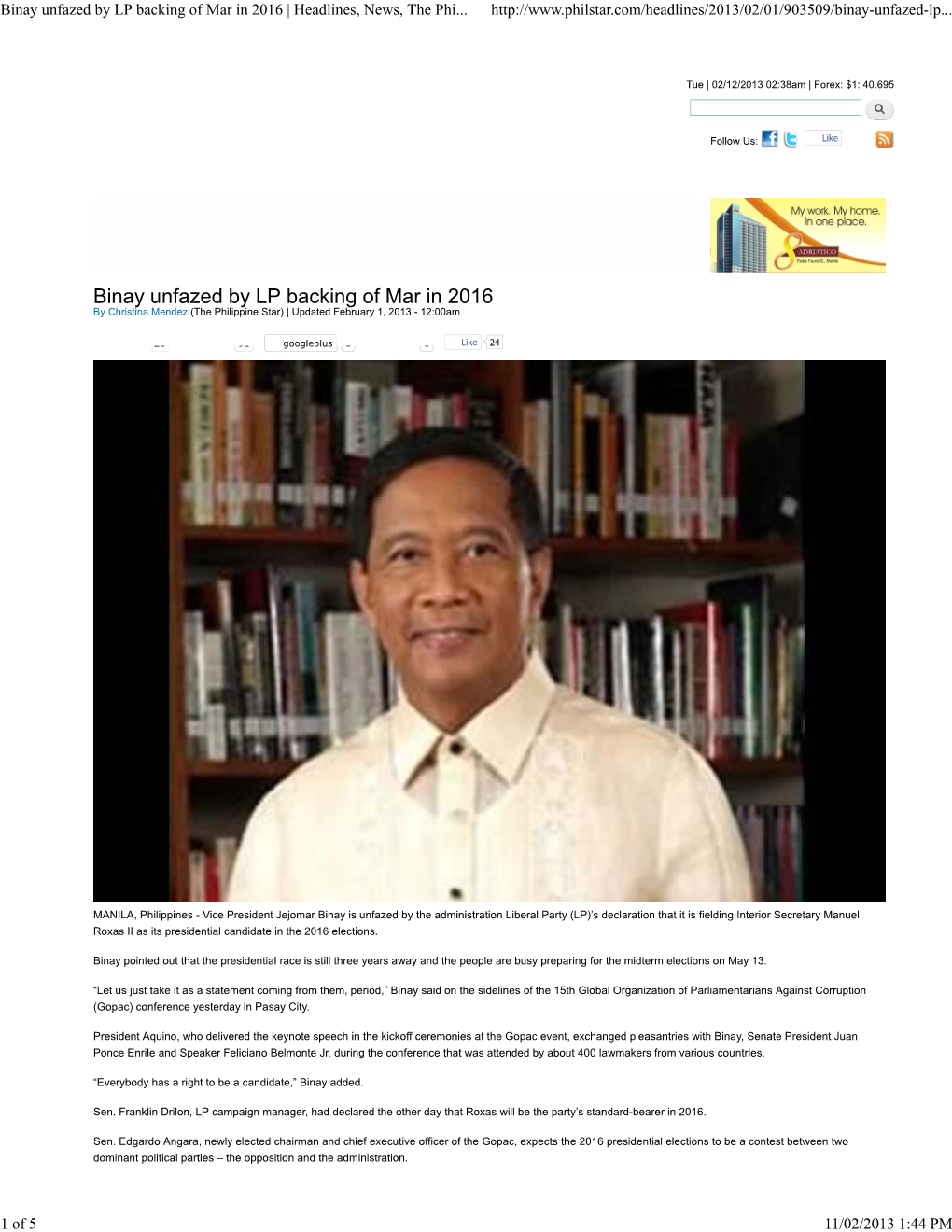 Binay Unfazed by LP Backing of Mar in 2016 | Headlines, News, the Phi