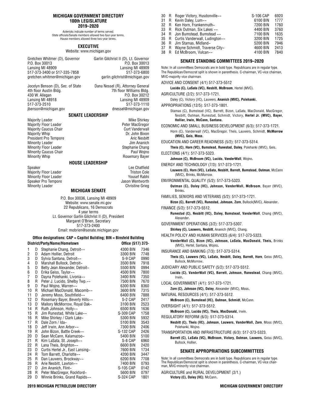 MICHIGAN GOVERNMENT DIRECTORY 100Th LEGISLATURE