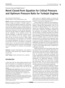 Novel Closed-Form Equation for Critical Pressure and Optimum Pressure Ratio for Turbojet Engines Energy Sector Too