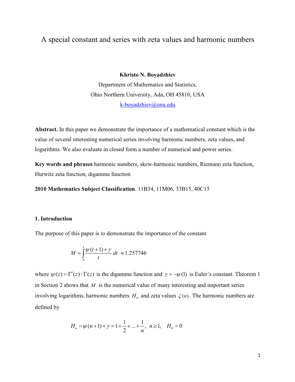 A Special Constant and Series with Zeta Values and Harmonic Numbers