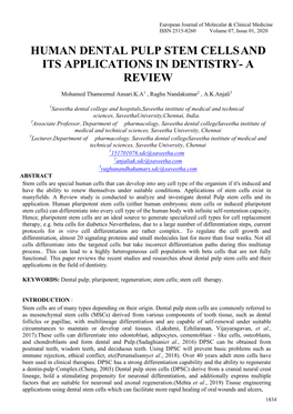 Human Dental Pulp Stem Cells and Its Applications in Dentistry- a Review