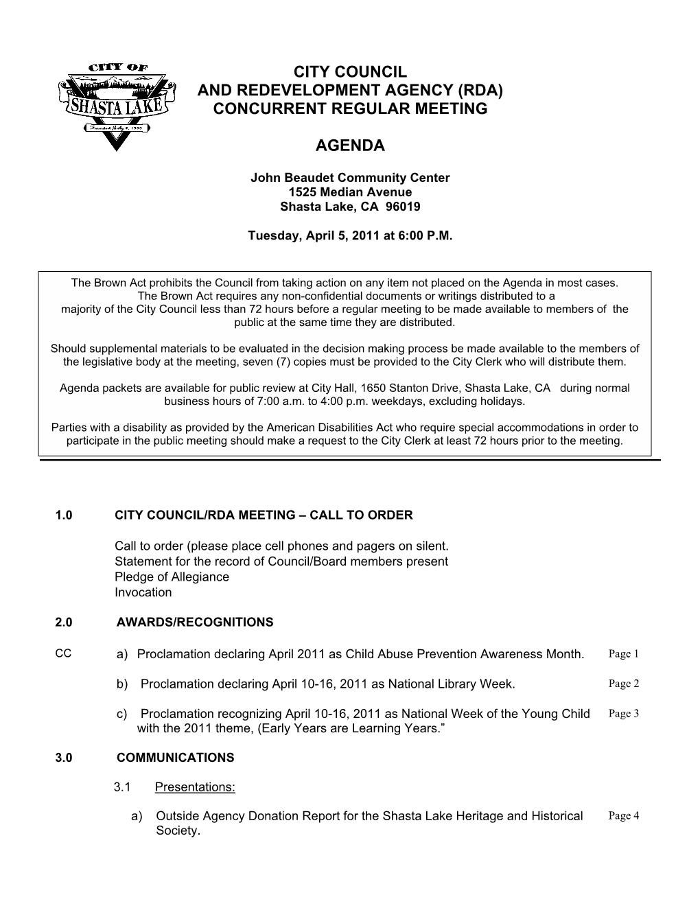 City Council and Redevelopment Agency (Rda) Concurrent Regular Meeting