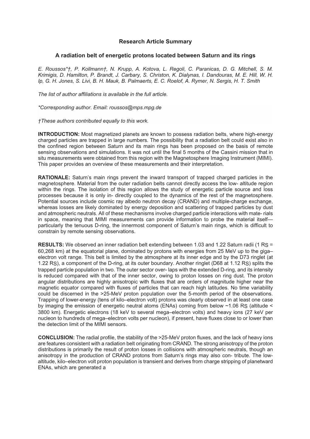 Research Article Summary a Radiation Belt of Energetic Protons Located