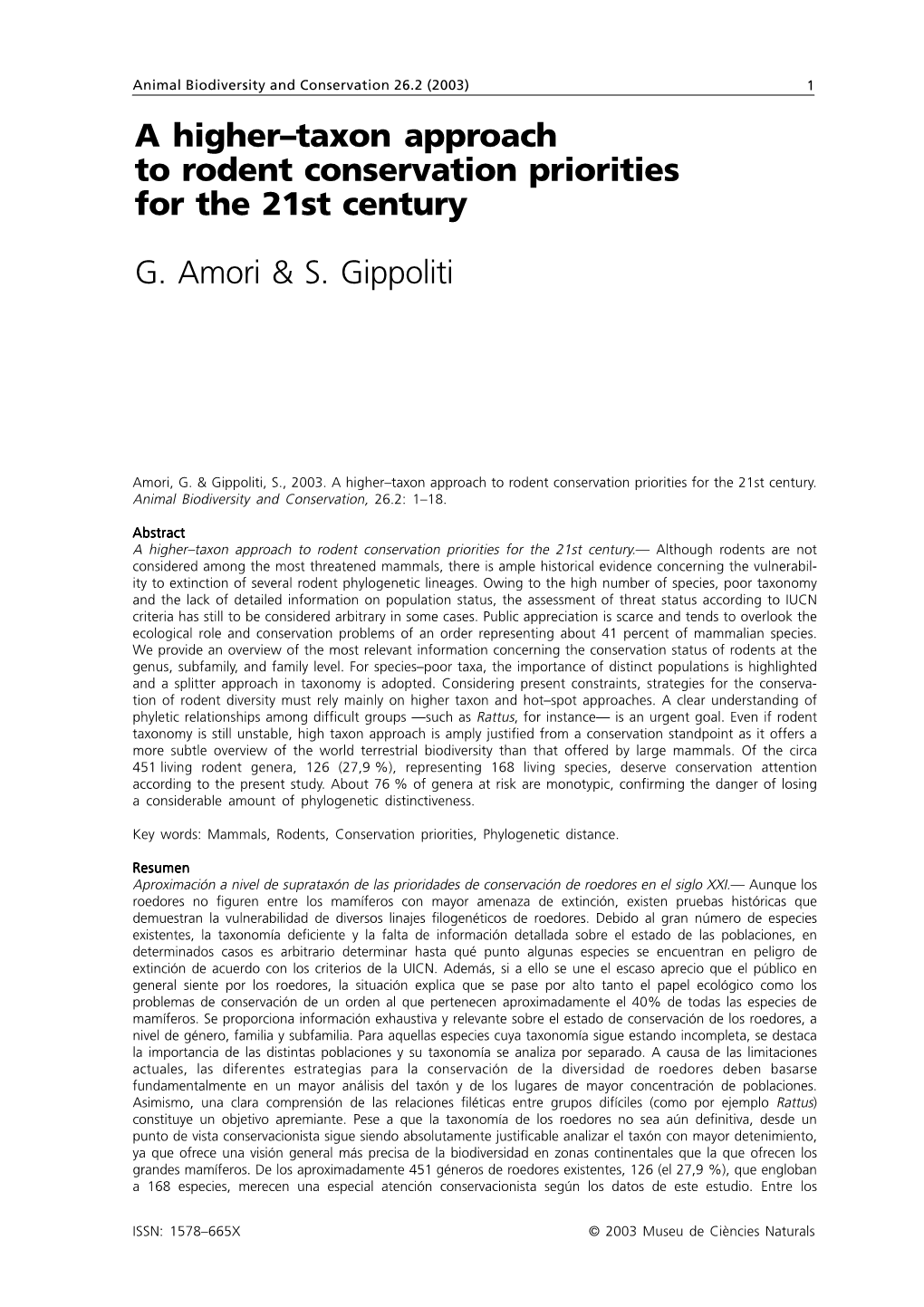 A Higher–Taxon Approach to Rodent Conservation Priorities for the 21St Century