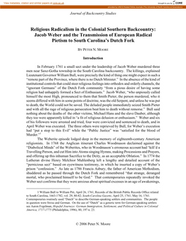 Religious Radicalism in the Colonial Southern Backcountry: Jacob Weber and the Transmission of European Radical Pietism to South Carolina’S Dutch Fork