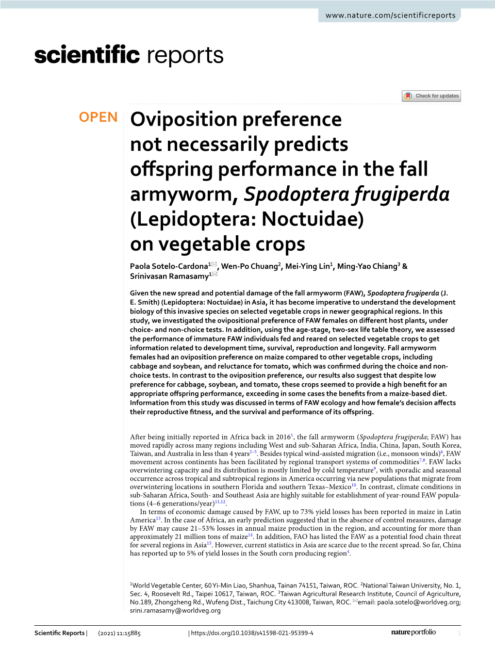 Oviposition Preference Not Necessarily Predicts Offspring