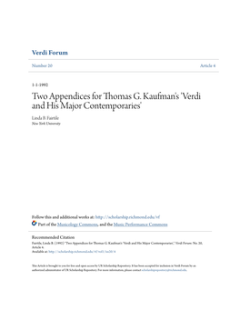 Two Appendices for Thomas G. Kaufman's 'Verdi and His Major Contemporaries' Linda B