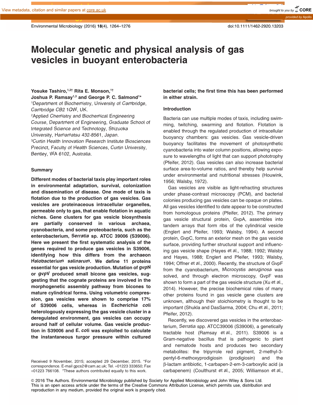 Molecular Genetic and Physical Analysis of Gas Vesicles in Buoyant Enterobacteria