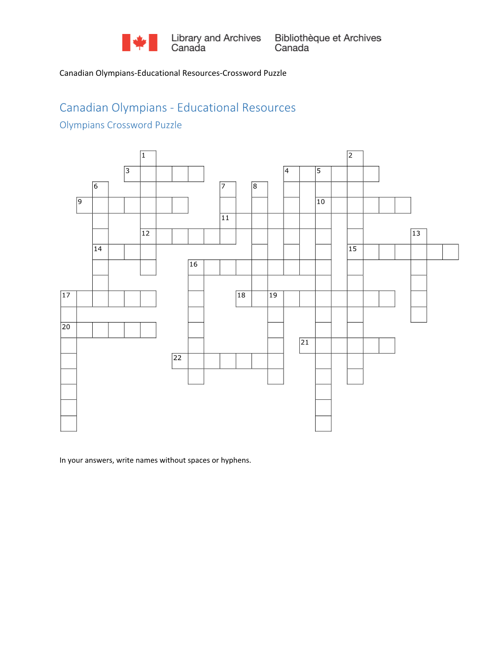 Canadian Olympians‐Educational Resources‐Crossword Puzzle