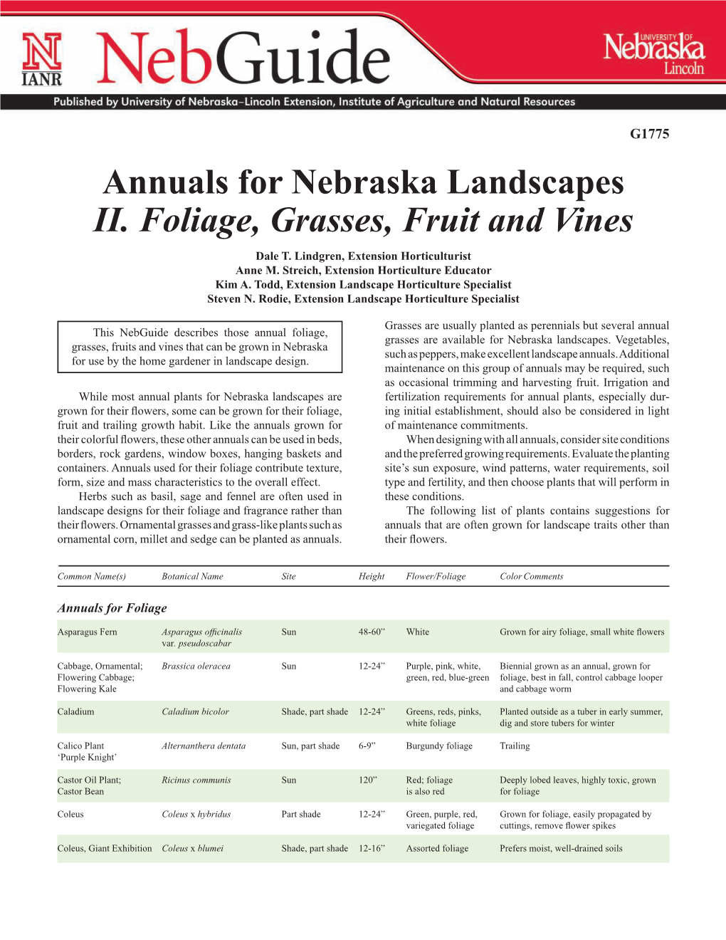 Annuals for Nebraska Landscapes II. Foliage, Grasses, Fruit and Vines Dale T