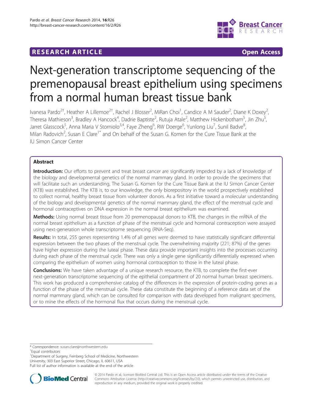 Next-Generation Transcriptome Sequencing of the Premenopausal