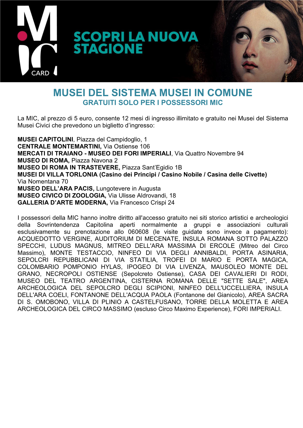 Musei Del Sistema Musei in Comune Gratuiti Solo Per I Possessori Mic