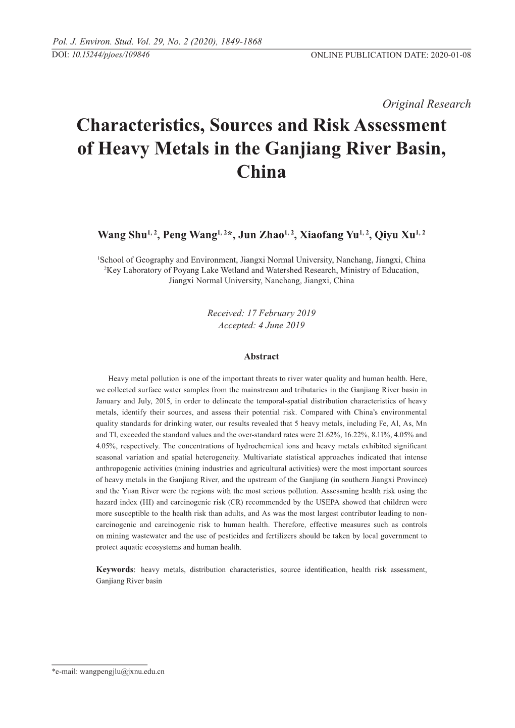 Characteristics, Sources and Risk Assessment of Heavy Metals in the Ganjiang River Basin, China