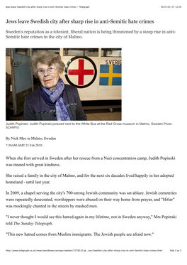 Jews Leave Swedish City After Sharp Rise in Anti-Semitic Hate Crimes - Telegraph 2015-01-17 12:20