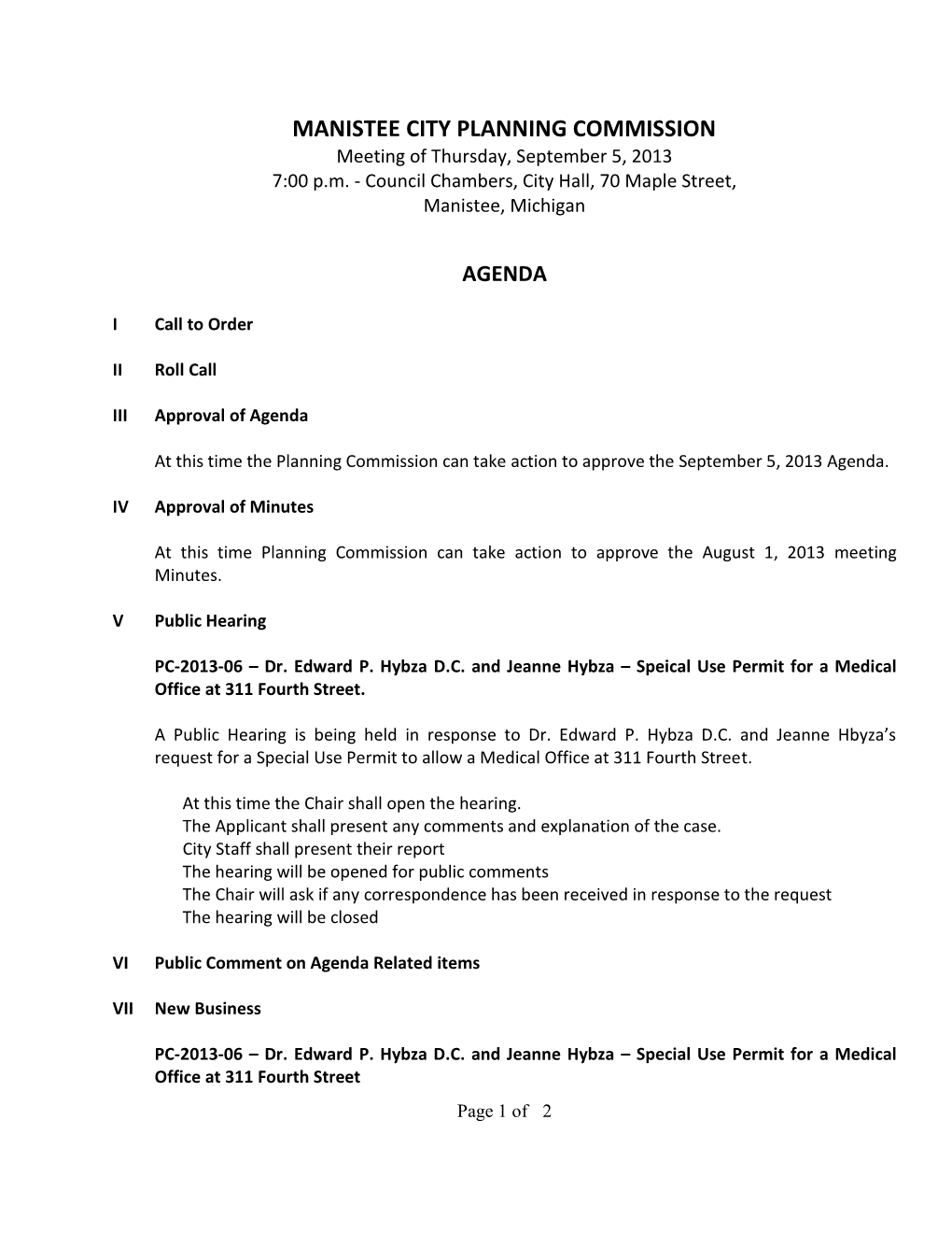 MANISTEE CITY PLANNING COMMISSION Meeting of Thursday, September 5, 2013 7:00 P.M