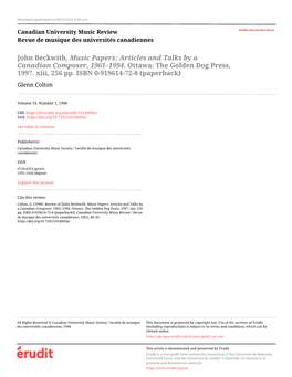 John Beckwith. Music Papers: Articles and Talks by a Canadian Composer, 1961–1994