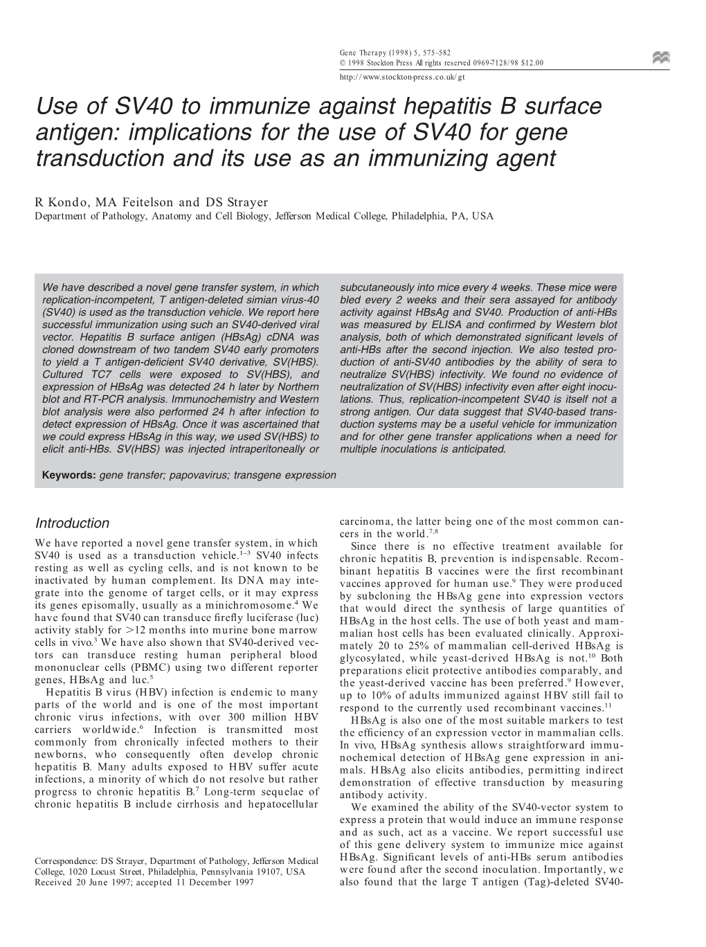 Use of SV40 to Immunize Against Hepatitis B Surface Antigen: Implications for the Use of SV40 for Gene Transduction and Its Use As an Immunizing Agent