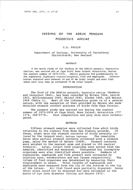 FEEDING of the ADELIE PENGUIN PYGOSCELIS ADELIAE C D . PAULIN Department of Zoology, University of Canterbury Christchurch