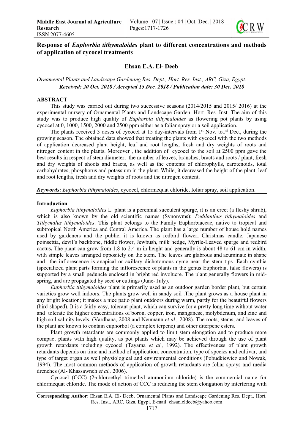 Response of Euphorbia Tithymaloides Plant to Different Concentrations and Methods of Application of Cycocel Treatments Ehsan