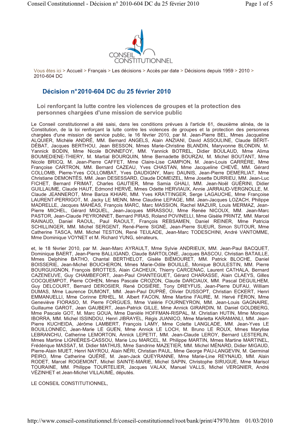 Décision N° 2010-604 DC Du 25 Février 2010