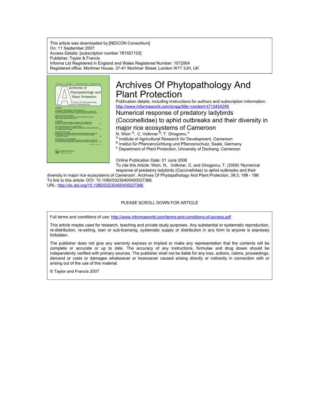 Archives of Phytopathology and Plant Protection