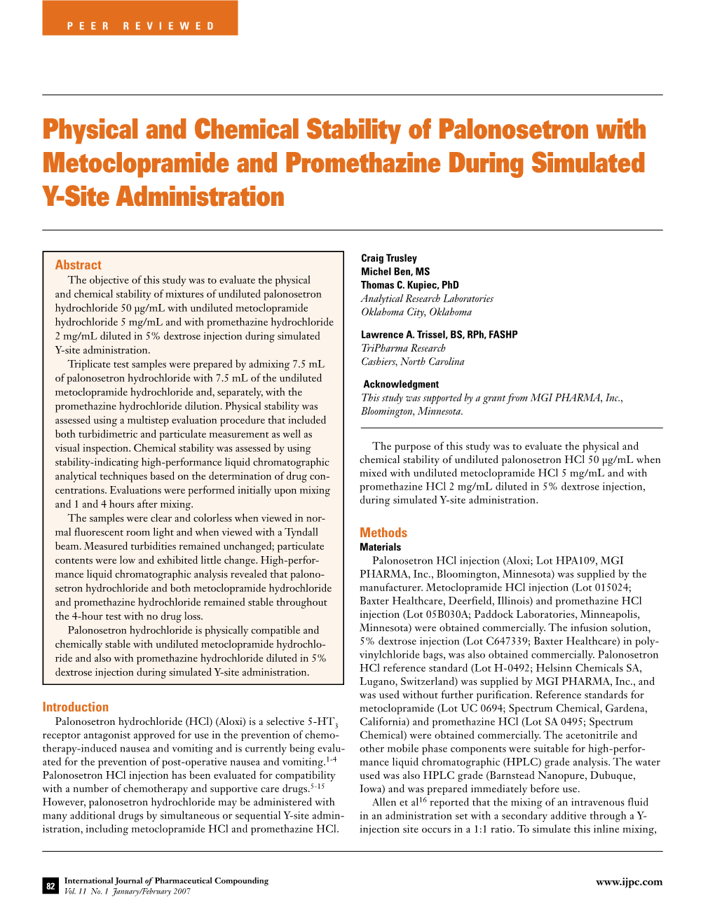 Physical and Chemical Stability of Palonosetron with Metoclopramide and Promethazine During Simulated Y-Site Administration