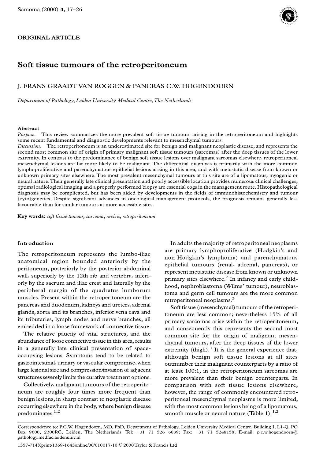 Soft Tissue Tumours of the Retroperitoneum