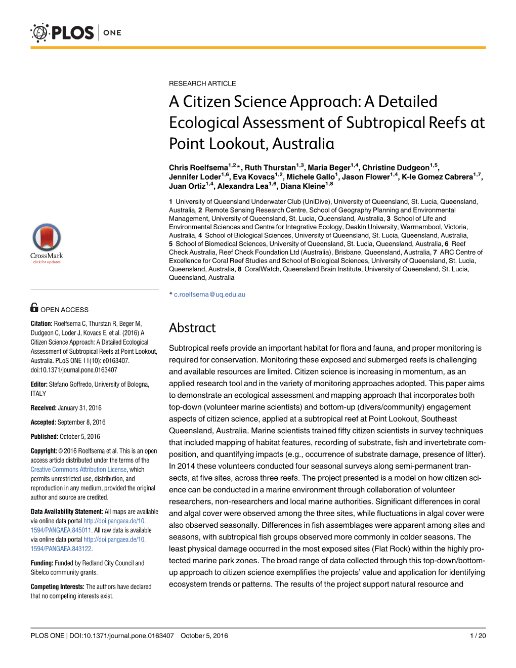 A Detailed Ecological Assessment of Subtropical Reefs at Point Lookout, Australia