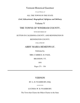 Vermont Historical Gazetteer Volume V the TOWNS of WINDHAM