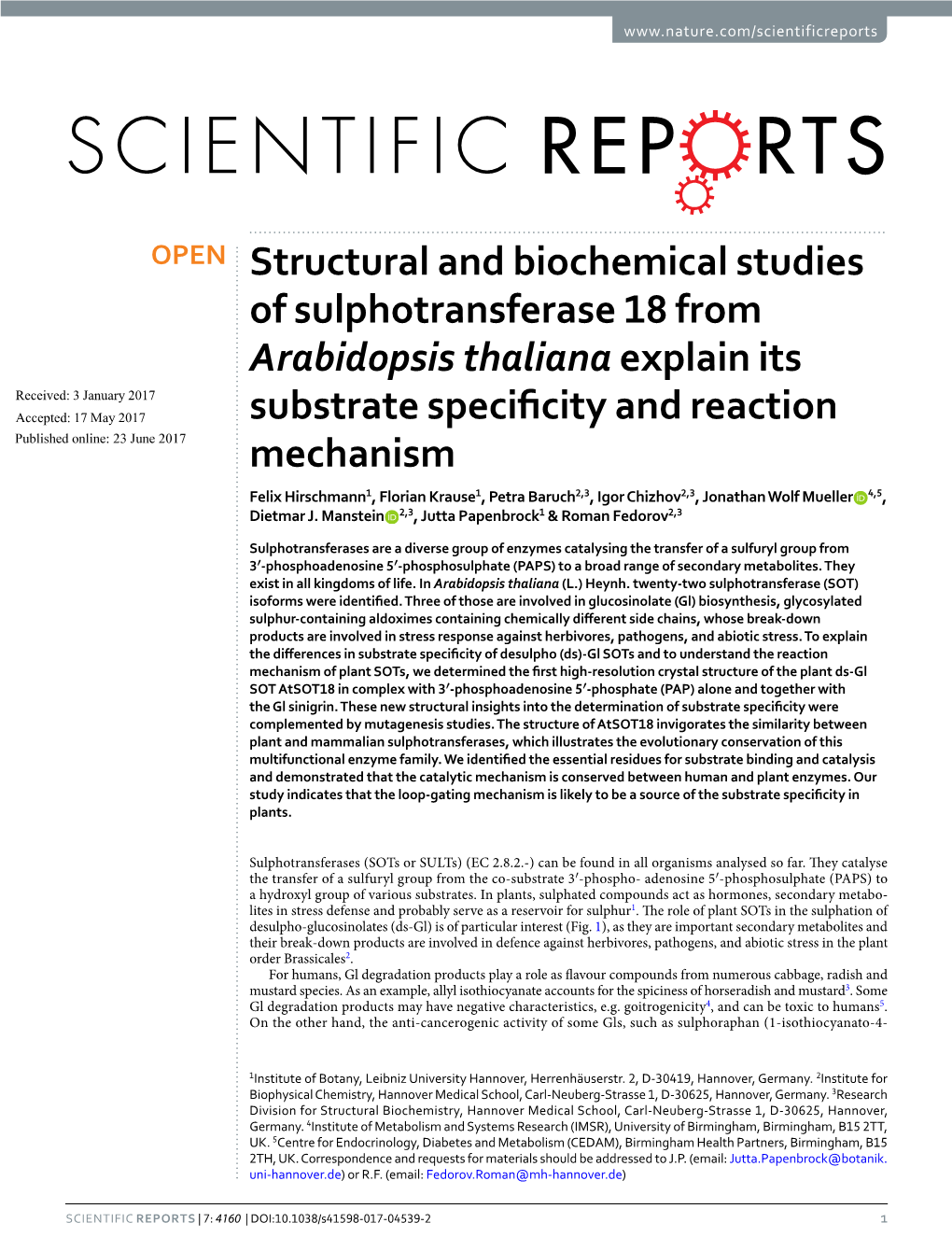 Structural and Biochemical Studies of Sulphotransferase 18 From