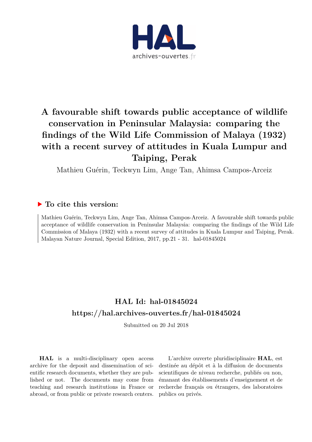 A Favourable Shift Towards Public Acceptance of Wildlife Conservation in Peninsular Malaysia