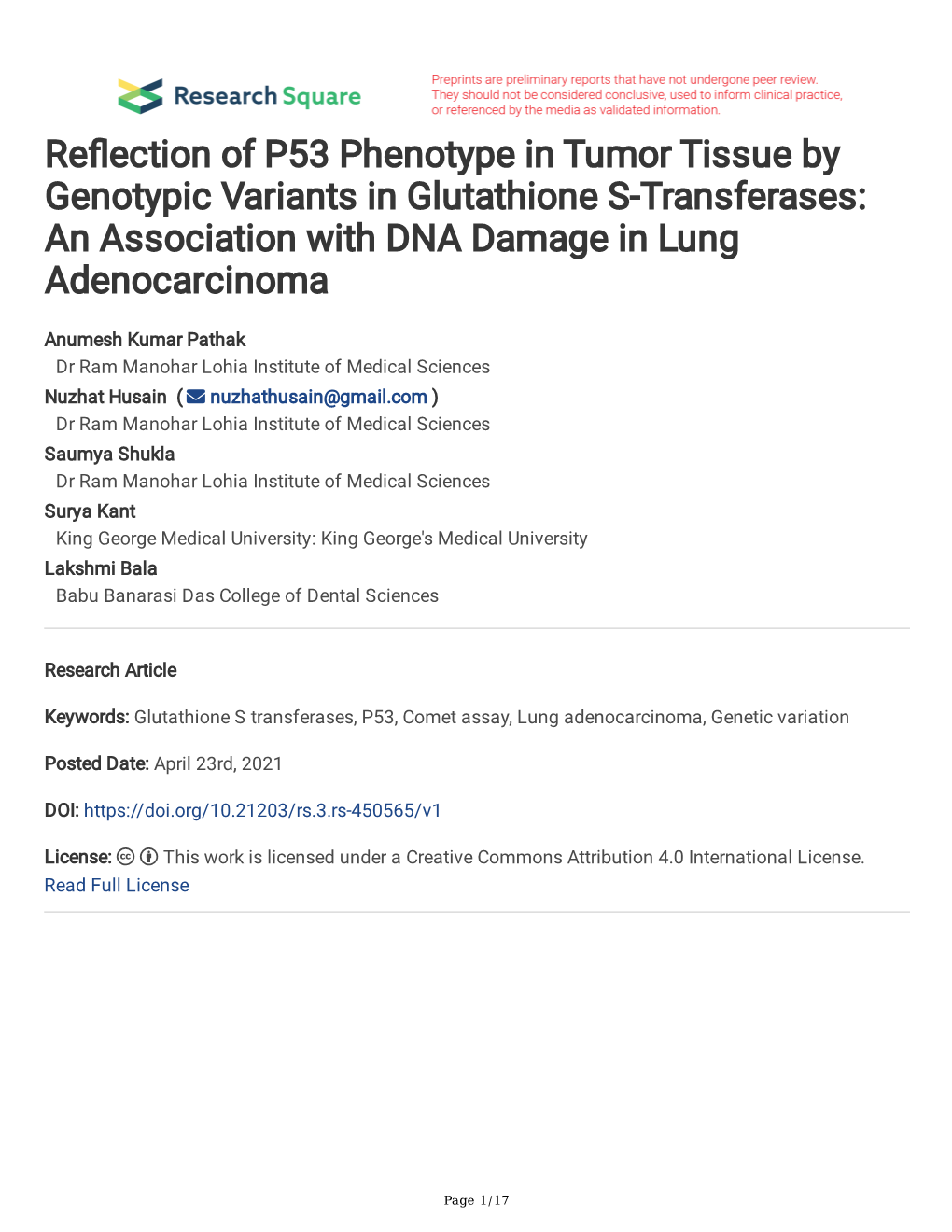 Re Ection of P53 Phenotype in Tumor Tissue by Genotypic Variants In