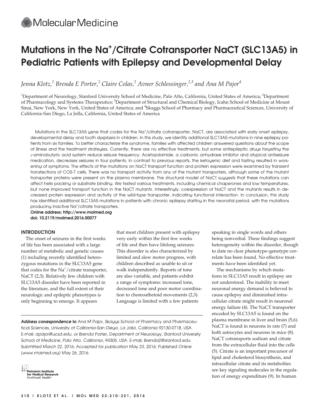 Mutations in the Na+/Citrate Cotransporter Nact (SLC13A5) in Pediatric Patients with Epilepsy and Developmental Delay