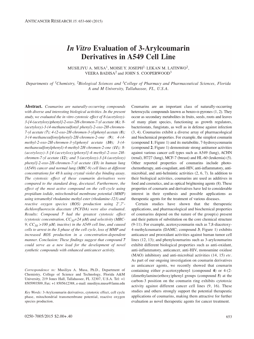 In Vitro Evaluation of 3-Arylcoumarin Derivatives in A549 Cell Line
