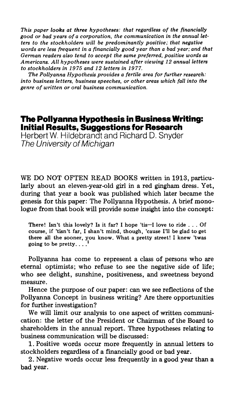 The Pollyanna Hypothesis in Business Writing: Initial Results, Suggestions for Research Herbert W