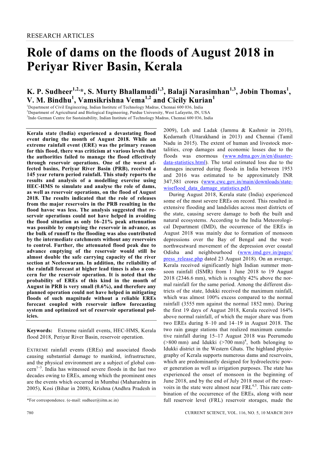 Role of Dams on the Floods of August 2018 in Periyar River Basin, Kerala