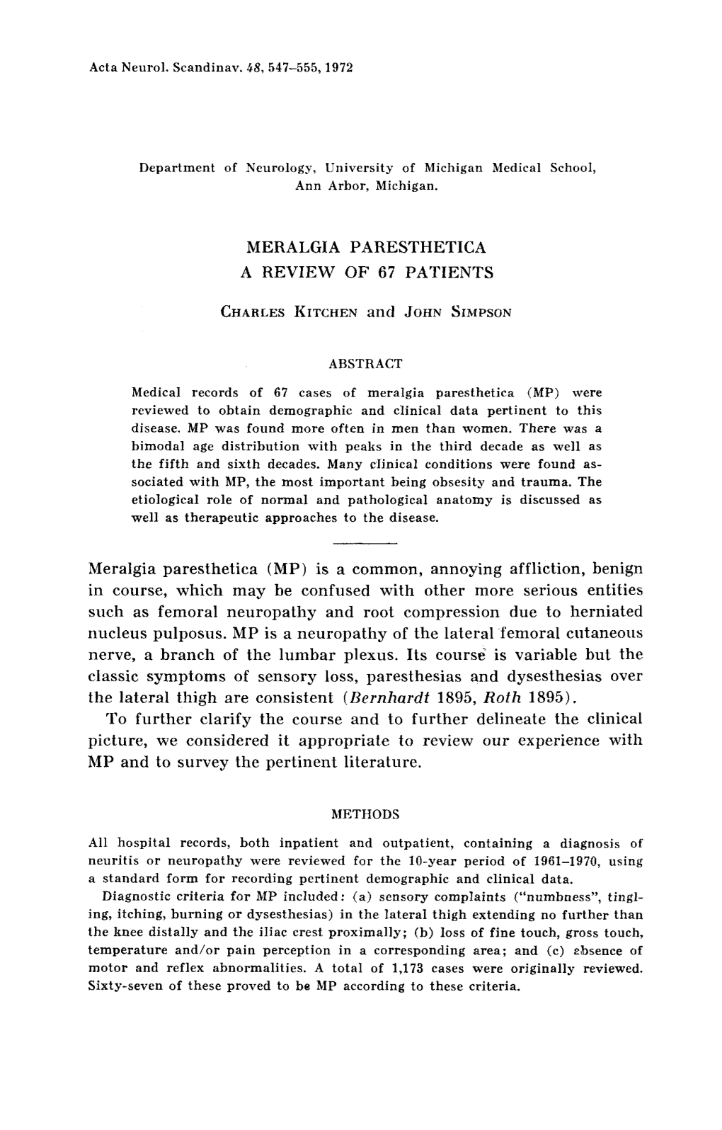 Meralgia Paresthetica a Review of 67 Patients