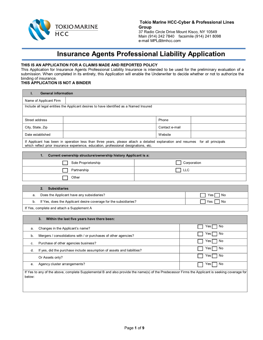Insurance Agents Professional Liability Application